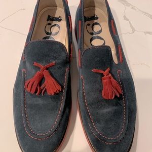 1901 preppy red sole navy suede loafer w red suede tassels stitching EUC US11.5